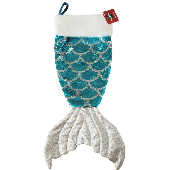 New Mermaid Tail Christmas Stocking Aqua Silver Sparkles Reversible Sequins Fur - Picture 2 of 4